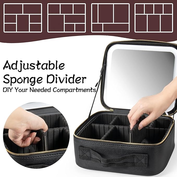 Makeup Travel Train Case with Mirror LED Light 3 Adjustable Brightness Cosmetic Bag Portable Storage Adjustable Partition Waterproof Brushes Makeup Jewelry Gift for Women, Black