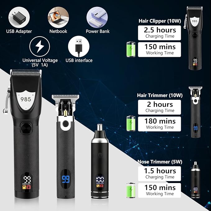 Mens Hair Clippers for Men, Electric Barber Clippers Set, Nose Hair Beard Trimmer, Hair Cutting Barber Clippers with Guards, T Liners Edgers Clippers for Mens (Black)