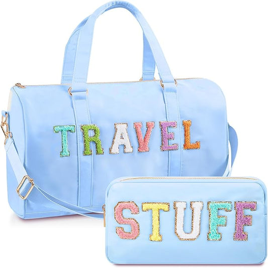 2 Pcs Preppy Chenille Letter Duffle Bag and Makeup Pouch, Travel Tote Bag Cosmetic Zipper Patch Makeup Bag (Blue)