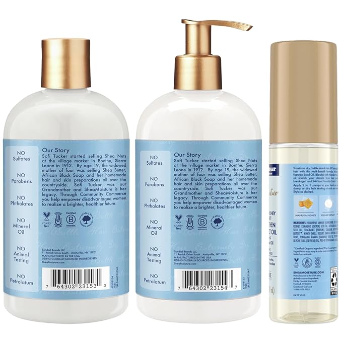 Shea Moisture Shampoo & Conditioner Set + Strengthen & Protect Oil Gift Set – Manuka Honey & Yogurt Hydrate + Repair, Hair Treatment for Dry, Damaged Hair (3 Piece Set)