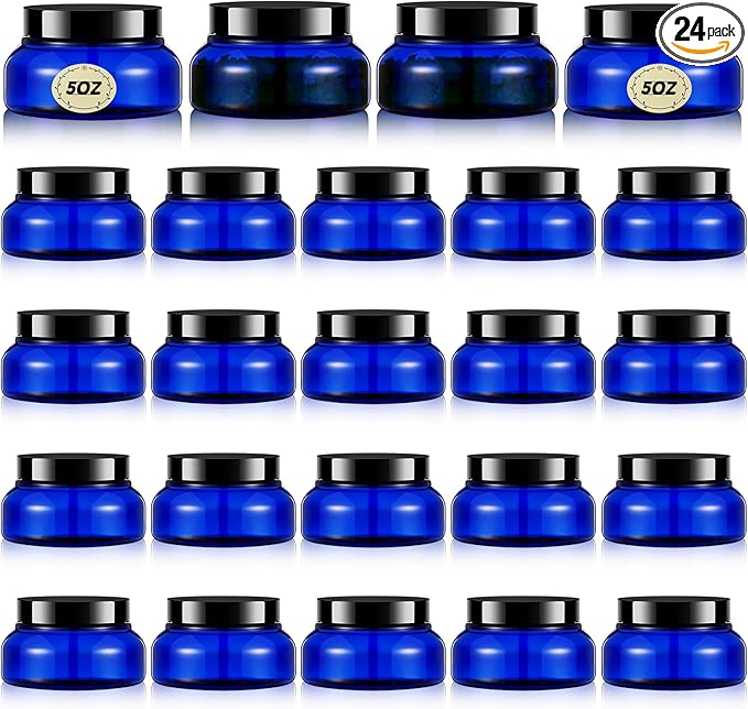 Tessco 24 Pack Plastic Jars with Lids Labels Empty Clear Plastic Jars Round Refillable Cosmetic Containers Body Butter Containers Bulk Sugar Scrub Bottle for Make Up(5 oz,Translucent Blue and Black)
