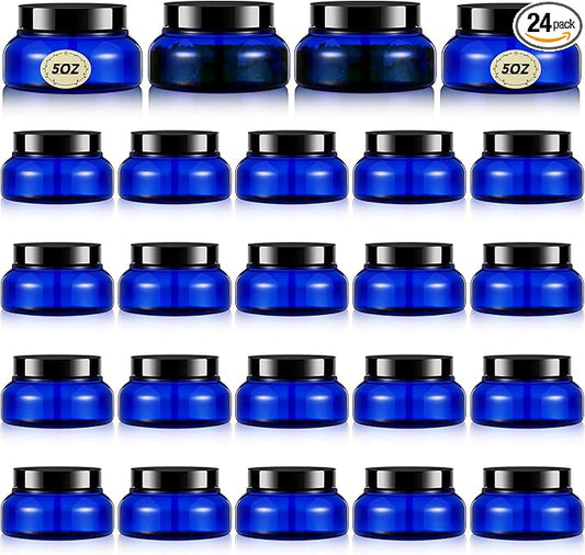 Tessco 24 Pack Plastic Jars with Lids Labels Empty Clear Plastic Jars Round Refillable Cosmetic Containers Body Butter Containers Bulk Sugar Scrub Bottle for Make Up(5 oz,Translucent Blue and Black)