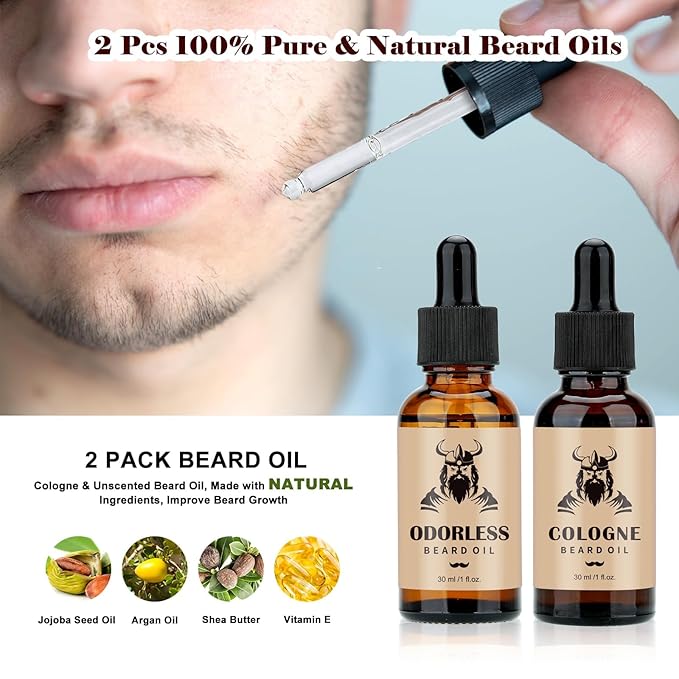 Beard Kit Gifts for Men, Father's Day Birthday Gifts for Men Dad Him, Grooming & Trimming Tool Complete Set, Beard Care Kit with 2 Beard Growth Oil/Balm/Brush/Comb/Shaving Soap/Cup&Storage Bag
