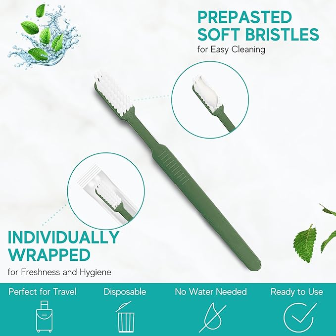 80 Prepasted Disposable Toothbrushes Individually Wrapped - Single Use Pre Pasted Disposable Toothbrushes with Toothpaste Built In - Waterless Toothbrush for Travel, Airbnb Guests, Hotel, & Camping