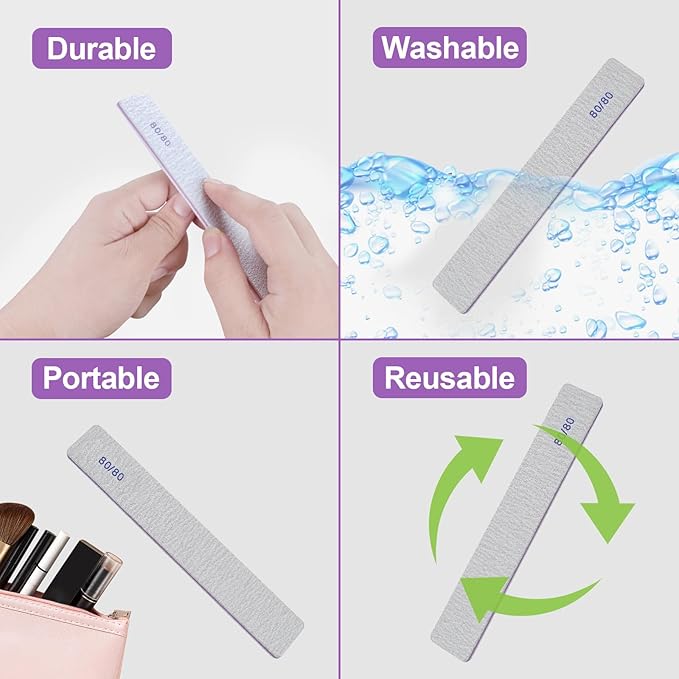 80/80 Grit Nail Files (24 Pack), Heavy Coarse Emery Boards for Acrylic Nails and Gel Nails, 80 Grits Double Sided Nail File Emory Professional Nail Filer Reusable Washable Manicure Square Gray