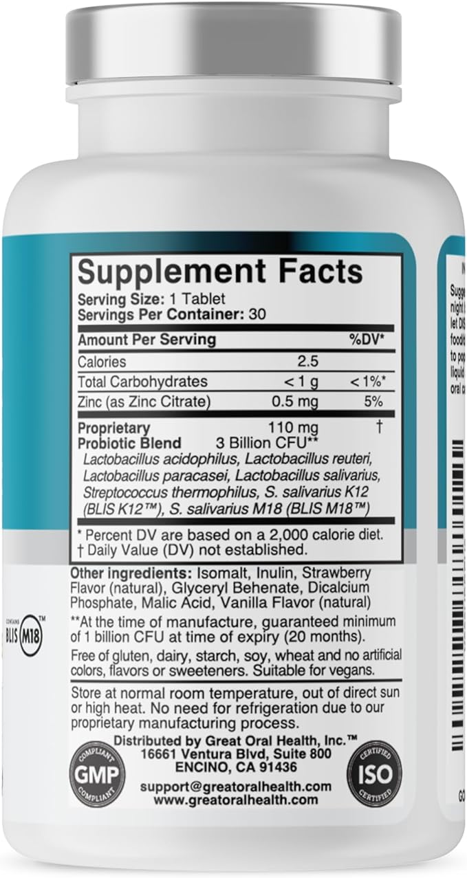 Oral Probiotics for Mouth Bad Breath Treatment for Kids Dental Care & Cavity Prevention with BLIS K12 M18 – Dr Formulated Dental Probiotics for Teeth and Gums, 30 Chewable Tablets Strawberry Vanilla