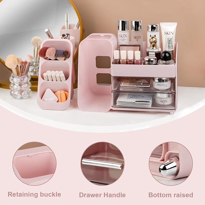 Anyoifax Makeup Organizer with Drawers Vanity Organizer Countertop with Brush Holder Large Perfume Organizer for Dresser Skin Care and Lotion Storage for Nail Polish, Lipsitck, Palettes, Pink