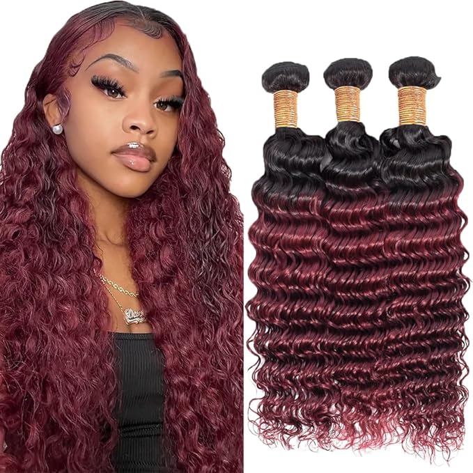 Ombre Human Hair Bundles 1B99J Deep Wave Bundles Black Mixed With Burgundy Loose Deep Wave Bundles Two Tone Brazilian Human Hair Extensions Soft and Silky for Black Women 26 28 30 Inch