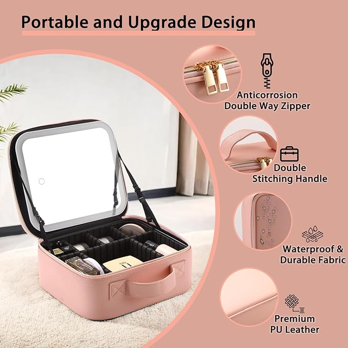 Travel Makeup Bag with LED Lighted Mirror,Cosmetics Organizer, Makeup Bag with 3 Color Lighted Setting, Portable Storage and Adjustable Dividers Travel Makeup Bag(Pink)