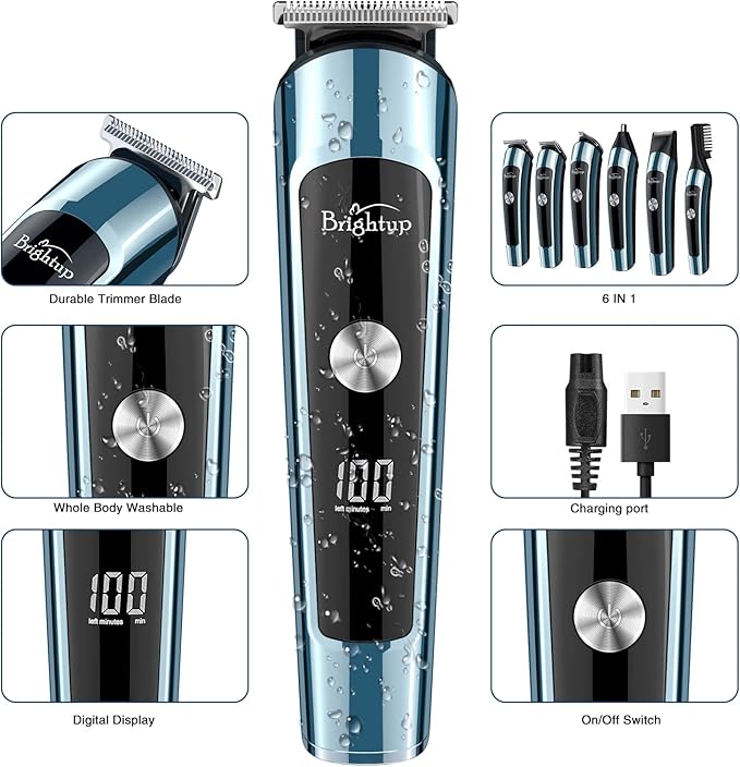 Brightup Beard Trimmer for Men, IPX7 Waterproof Mens Grooming Kit with Cordless Hair Clippers, Electric Razor with LED Display, Shavers for Mustache, Body, Face, Ear, Nose Hair Trimmer, Gifts for Men