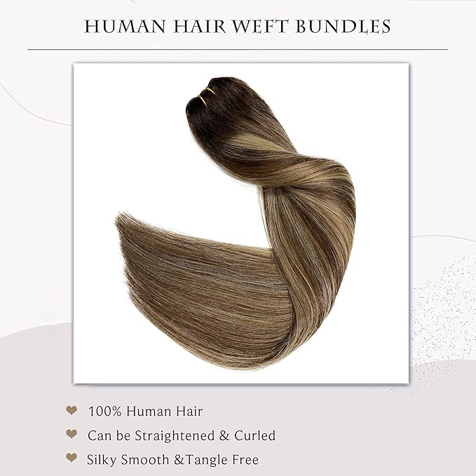 Sew in Hair Extensions - Real Human Hair Balayage Brown and Blonde Highlights, 18 Inch 100G Hand Tied Weft for Women, Human Hair Bundles