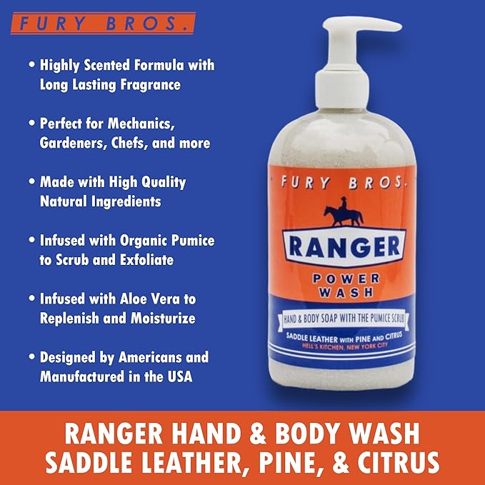 Premium Power Wash | Ranger | Saddle Leather Pine Citrus | Hand & Body Wash | Exfoliating Pumice | Moisturizing Aloe Vera | Highly Scented | Made in USA | 16 oz | Dad Men Bath