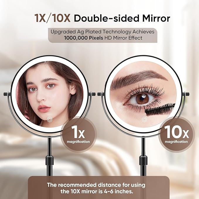 8.7in Professional Lighted Makeup Mirror - Height & Brightness Adjustable, Rechargeable 2-sided 1x/10x Magnifying HD Brighter Light Mirror- 88 Surgical-grade LEDs, 3 Colors Lights, 360° Swivel (Black)