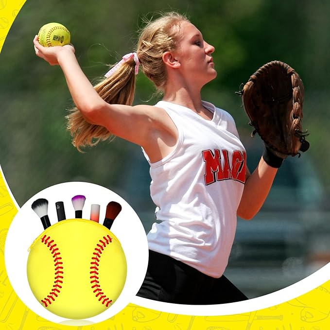 Reginary 12 Pcs Softball Makeup Bags Team Gift Round Sport Cosmetic Bags Canvas Softball Pouch Portable Makeup Pouch Travel Organizer for Women Men Team Player Travel