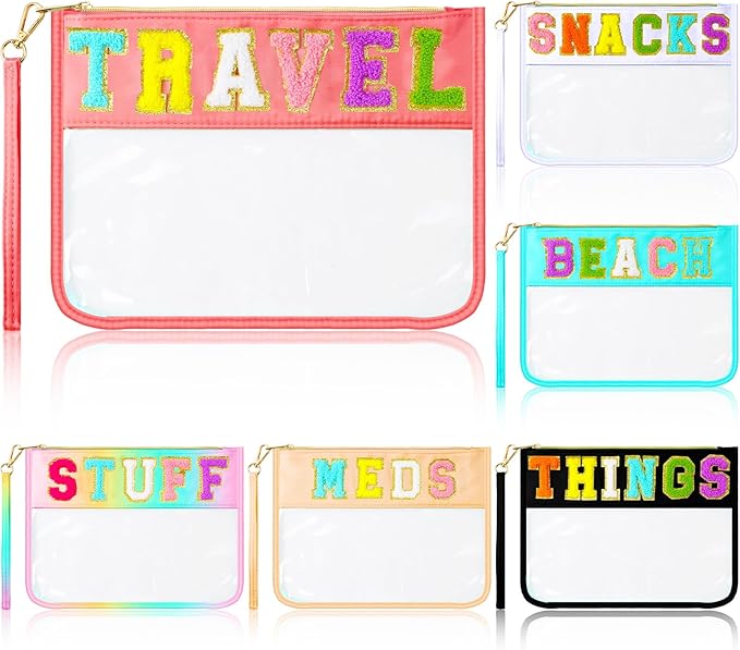 Abbylike 6 Pcs Chenille Letter Clear Zipper Pouch Summer Waterproof Cosmetic Pouch Travel Gym Beach Hawaii Bag Travel Patch Purse Makeup Letter Bag for Women Girls, 6 Colors(Charming Colors,Stylish)