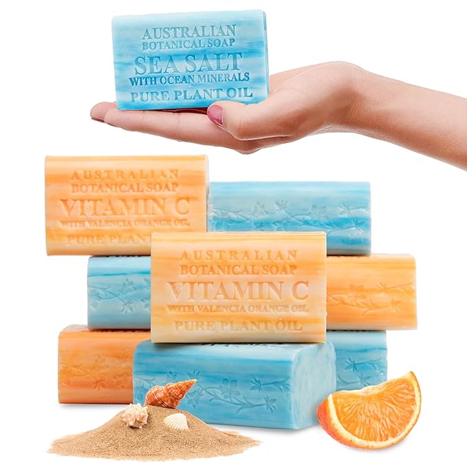 Australian Botanical Soap Variety Pack Includes 4 Valencia Orange and 4 Sea Salt Soap for Face, Hands and Body, Enriched with Shea Butter, Ocean Minerals and Vitamin C