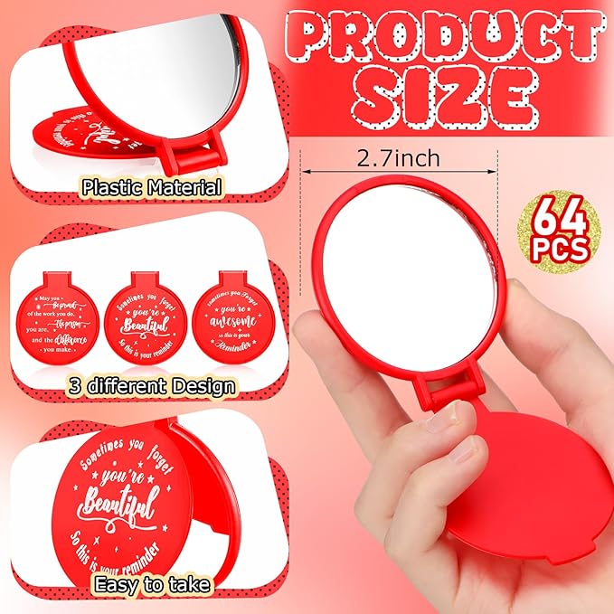 Wenqik 64 Pcs Compact Mirror Bulk Red Gifts for Women Small Inspirational Pocket Purse Handheld Mirror Portable Round Makeup Folding Appreciation Gift for Valentine Christmas Daily Travel Coworker