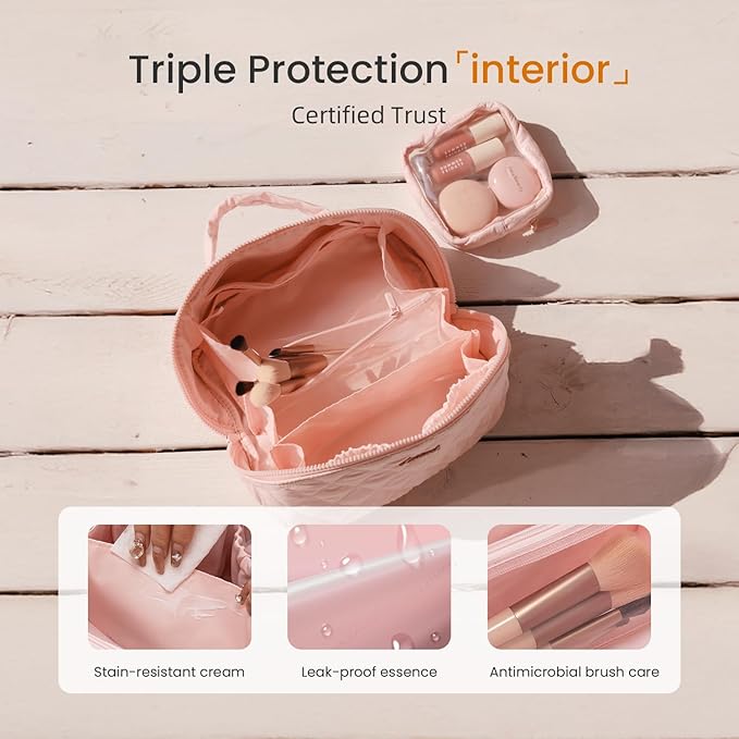 LOVEVOOK Travel Makeup Bag for Women, 2Pcs Set Puffer Waterproof Cosmetic Organizer, Large Capacity Pouch Open Flat Toiletry Bag with Divider & Handle, Portable Gift for Her, Pink