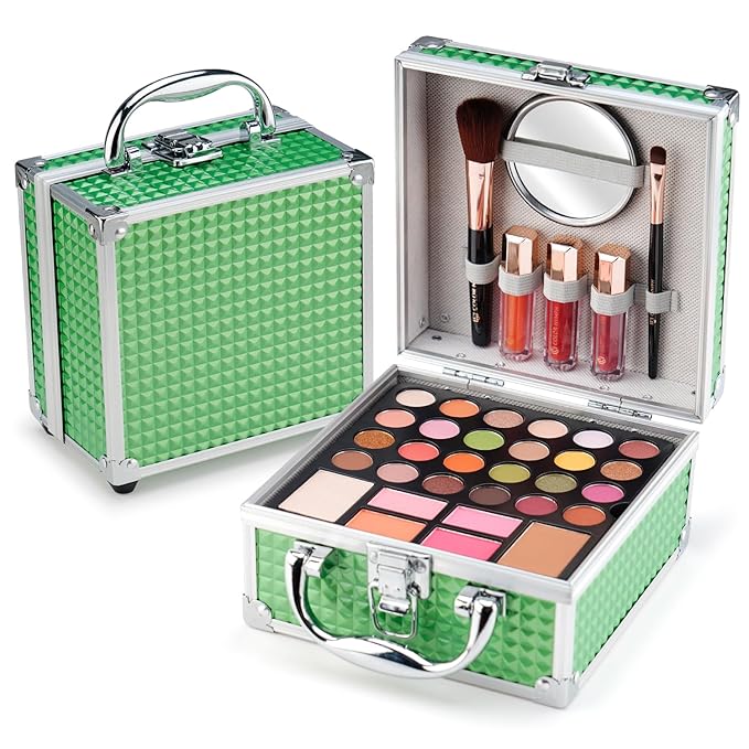 Color Nymph Beginner Makeup Kit For Teens With The Small Cosmetic Train Case Included 24-Colors Eyeshadow Palette Blushes Bronzer Highlighter Lipstick Brushes Mirror(Green)