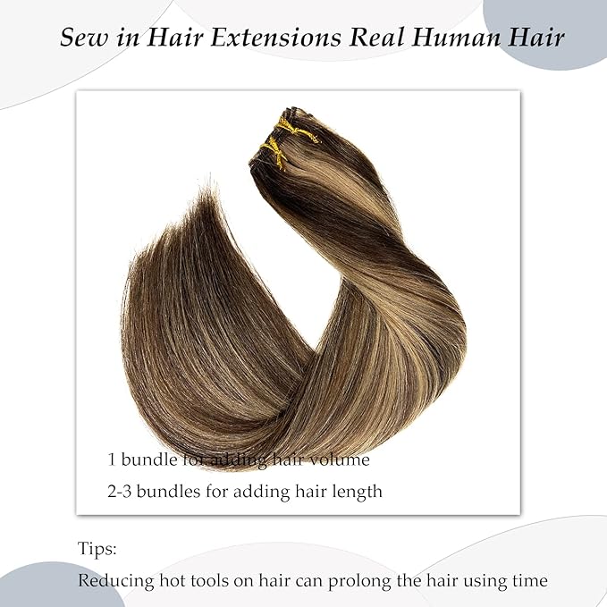 Ubetta Sew-in Human Hair Extensions - Dark Brown Balayage Ash Brown Hand Tied Weft Bundles - 14 Inch 80G