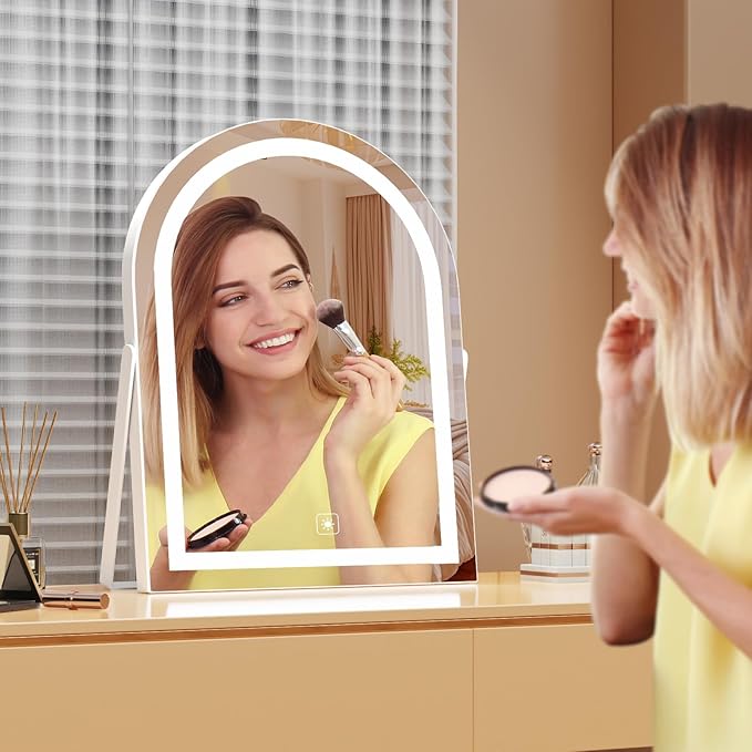 Elegant LED Vanity Mirror with 3-Color Adjustable Lights, Arched Makeup Mirror 360° Rotating Stand & Touch Control - Perfect Makeup Gift for Women Gold