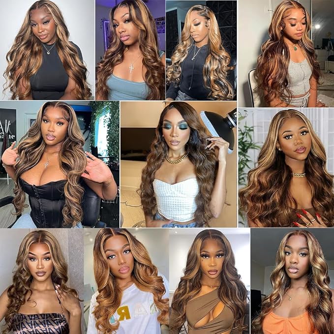 32 Inch Highlight Ombre Lace Front Wigs Human Hair Pre Plucked With Baby Hair 4/27 Colored 13x4 Body Wave Lace Frontal Wigs 180% Density Honey Blonde Lace Front Wig Human Hair