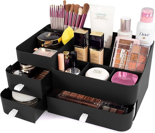 Makeup Organizer for Vanity, Large Countertop Organizer with Drawers, Cosmetics Storage for Skin Care, Brushes, Eyeshadow, Lotions, Lipstick,Nail Polish.Great for Dresser, Bathroom, Bedroom, Black