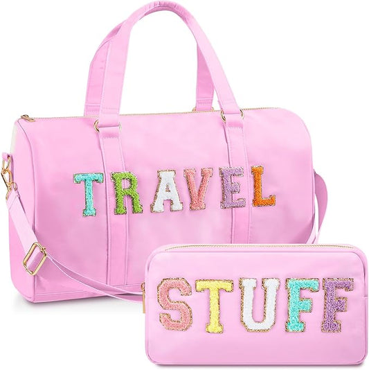 2 Pcs Preppy Chenille Letter Duffle Bag and Makeup Pouch, Travel Tote Bag Cosmetic Zipper Patch Makeup Bag (Pink)