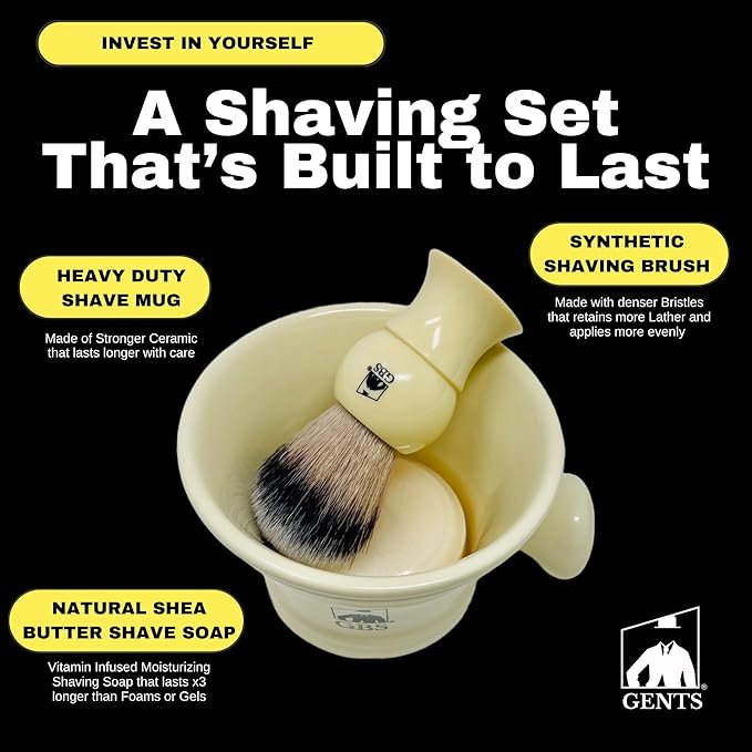 G.B.S Heavy Duty Ceramic Shaving Set – Ivory Mug with Knob Handle, Faux Ivory Handle Brush, 3 oz Natural Long-Lasting Lather Soap – Classic Wet Shaving Kit for Men