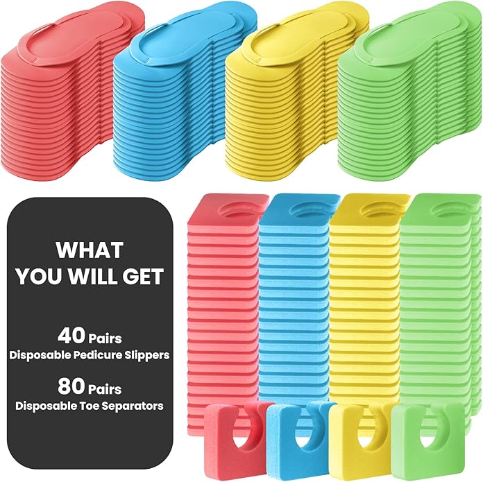 Suhine 120 Pairs Disposable Pedicure Slippers and Toe Separators Kit 40 Pairs Disposable Foam Flip Flops 80 Toe Separators for Women Nail Hotel Salon Spa Party