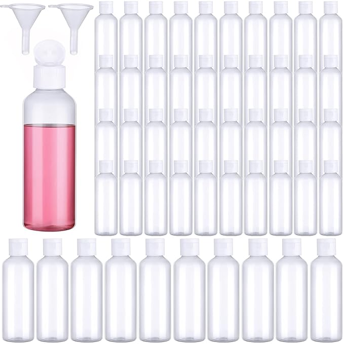 50 Piece 3.4 oz Travel Bottles Set Clear Plastic Refillable Squeeze Bottles with Flip Cap Dispensers and 2 Funnels for Travel-size Liquid Cosmetics(Clear, White)