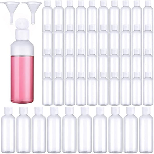 50 Piece 3.4 oz Travel Bottles Set Clear Plastic Refillable Squeeze Bottles with Flip Cap Dispensers and 2 Funnels for Travel-size Liquid Cosmetics(Clear, White)