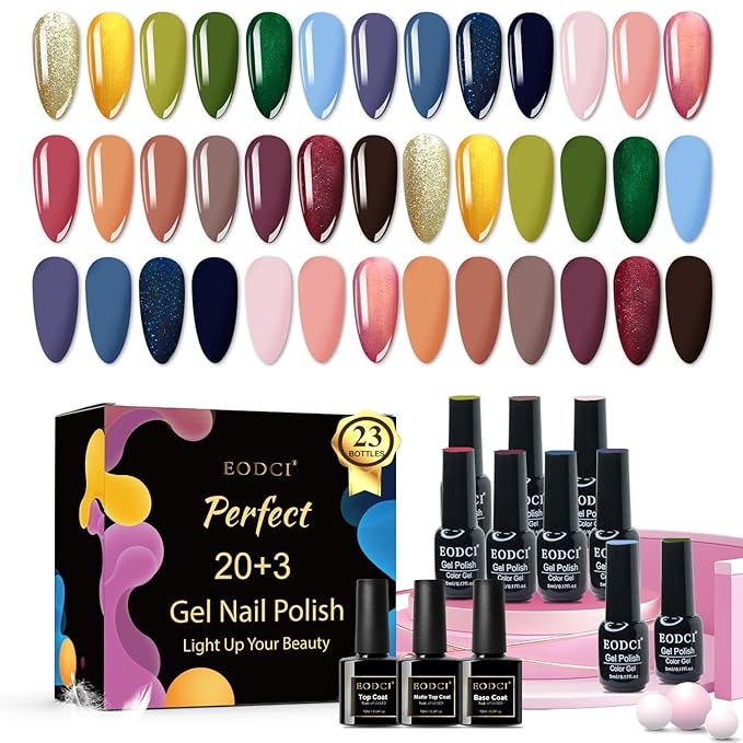 Gel Polish Nail Set 20 Colors with 3Pcs Glossy & Matte Top Coat and Base Coat, Green Purple Pink Nude Sparkle Glitters Colorful Gel Polish Set For Valentine's Gifts