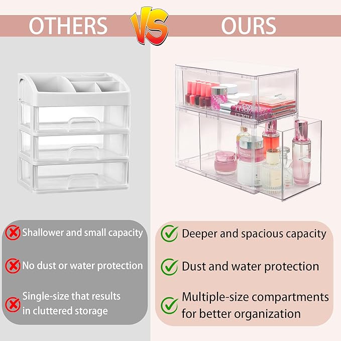 Homecor Clear Makeup Organizer Set of 2, Large Bathroom Storage Drawers, Cosmetic Storage for Vanity Dresser Countertop, Beauty Holder for Lipstick Brush Skincare Valentine's Day Gifts for Her(L+M)