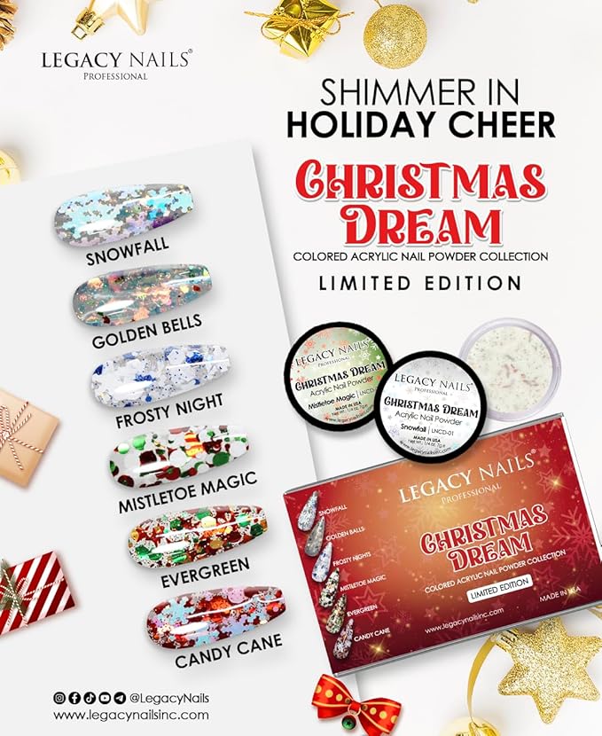 Legacy Nail Acrylic Powder Collections - 6 Colors Professional Nail Art Powder Set Manicure DIY for Dip & Acrylic Nail Extensions (CHRISTMAS DREAM COLLECTION)