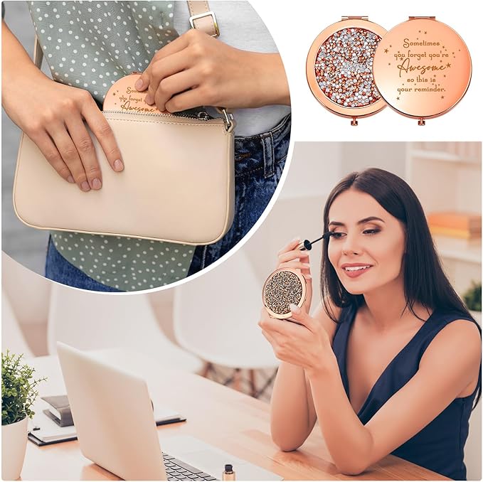 Roowest 30 Pcs Inspirational Compact Mirror Sometimes You Forget You're Awesome Appreciation Gifts for Women Mother's Day Party Favors Magnifying Pocket Mirror (Rose Gold)