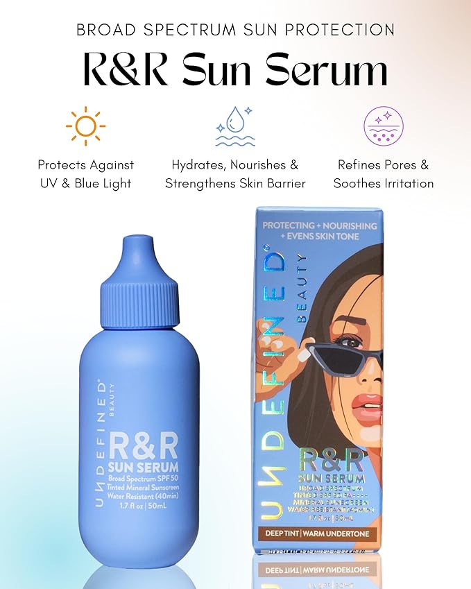 Undefined Beauty R&R Sun Serum SPF 50 Tinted Mineral Sunscreen PA++++ 3 Flex shades, infused with Niacinamide, 40 min Water Resistant, bluelight protection, 1.7oz… (Deep Tint/Warm Undertone)