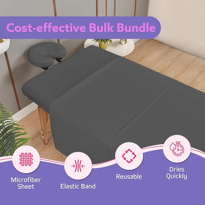 Massage Table Sheets Sets – 4 Set Bundle, 120GSM Double Brushed Microfiber, Premium Massage Sheets Sets, Spa Bed Sheets for Esthetician, Wrinkle & Oil Resistant, Gray