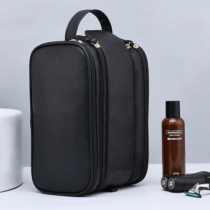 Travel Toiletry Bag for Women PU Leather Triple-layer Double Zipper Toiletry Bags,Waterproof with Handle Mens Toiletry Bag Stowable Brushes, Toiletries Makeup for Business Trips Camping Bathroom Black