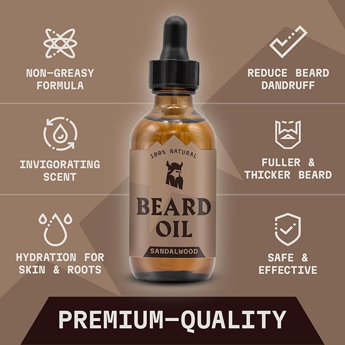 Striking Viking Beard Oil for Men - 2 Fl Oz, Sandalwood Scent - Naturally Derived Conditioner with Almond, Tea Tree, Argan & Jojoba Oil for Beard Growth, Softening & Moisturizing