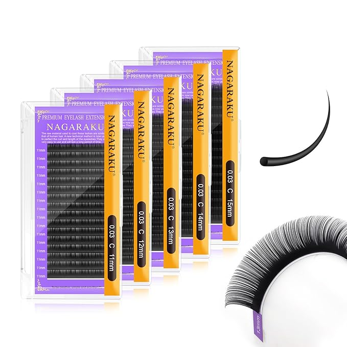 NAGARAKU 5 Trays Eyelash Extensions 0.03mm C curl 11/12/13/14/15mm in 1 pack Classic Individual Lashes Soft Natural Professional Faux Mink 16 rows