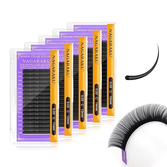 NAGARAKU 5 Trays Eyelash Extensions 0.03mm C curl 11/12/13/14/15mm in 1 pack Classic Individual Lashes Soft Natural Professional Faux Mink 16 rows