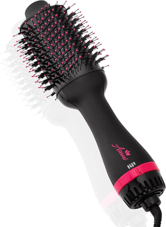 Asani Hair Dryer Brush - 4-in-1 Blow Dryer with Comb, Curling & Hot Hair Straightener Brush - Round Blowout Straightening Brush with Anti-frizz Ceramic Titanium Barrel for All Hair Types (120V)