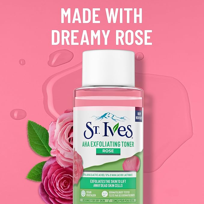 St. Ives Rose AHA Exfoliating Vegan Facial Toner, 6.68 fl oz (Pack of 4)