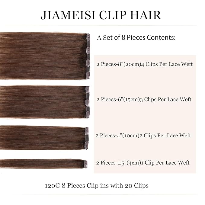 Clip In Human Hair Extensions,120Gram Real Hair Extensions Clip in Human Hair Double Weft 8 Pieces #4 Medium Brown Straight Sliky 18inches Remy Hair Clip in Extensions