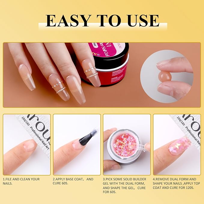 Solid Builder Nail Gel Kit, 4 Colors Non Stick Nail Extension Gel Set, Clear White Pink Apricot Nail Gel with Powder and Decorations Manicure Tools DIY at Home for Professional Salon