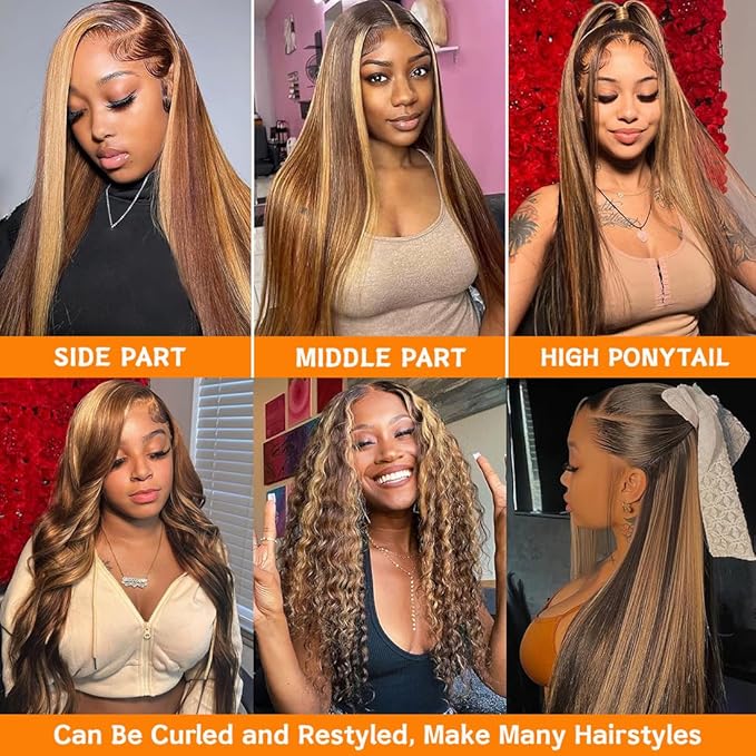 30 Inch Honey Blonde Ombre Lace Front Wig Human Hair 180% Density 13x4 Highlight Lace Front Wigs Human Hair Pre Plucked 4/27 Straight HD Lace Frontal Wig Human Hair for Women with Baby Hair
