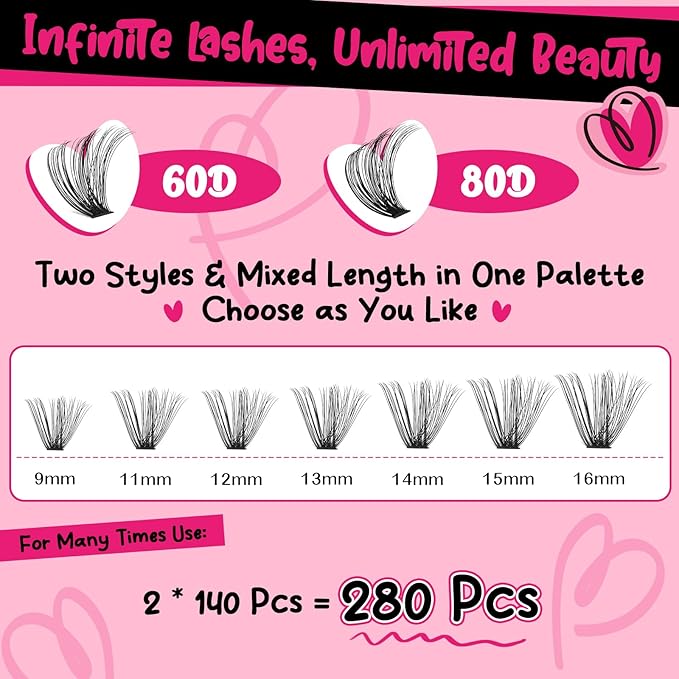 DIY Lash Extension Kit 280pcs Lash Clusters D Curl Eyelash Extension Kit Individual Lashes with Lash Bond and Seal Lash Applicator Easy to Apply at Home(60D+80D-9-16mix Kit)