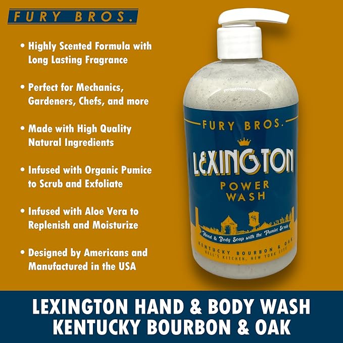 Premium Power Wash | Lexington | Kentucky Bourbon & Oak | Hand & Body Wash | Exfoliating Pumice | Moisturizing Aloe Vera | Highly Scented | Made in USA | 16 oz | Dad Men Bath