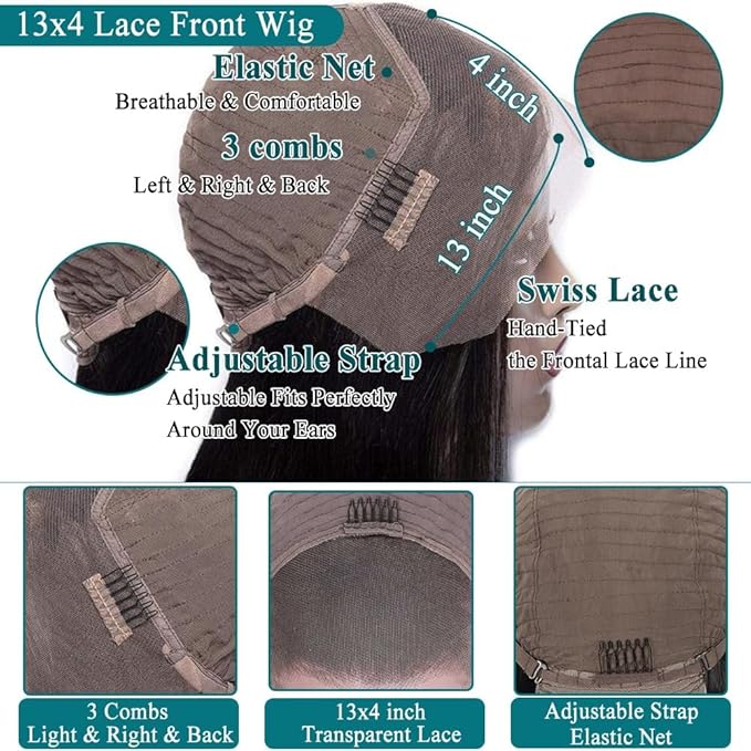 Azkiu Straight Lace Front Wigs Human Hair 13x4 HD Transparent Lace Front Wigs for Women Brazilian Virgin Hair Lace Frontal Wig 180% Density Pre Plucked with Baby Hair Hairline Natural Color 30 Inch